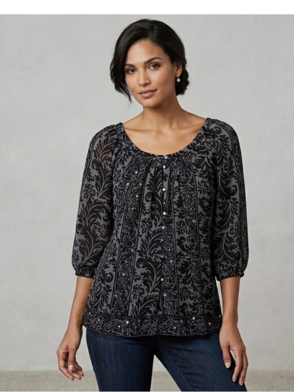Maggie Barnes Top Blouse size 3X (20/22) Double front Metallic treads embellish